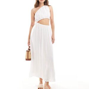 Abercrombie & Fitch one shoulder cut out midi dress in white